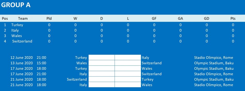 Euro 2020/2021 Final Tournament Schedule » Excel Templates